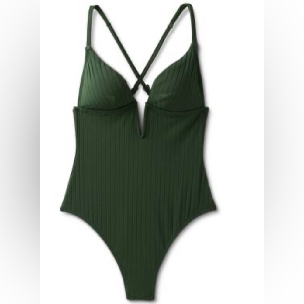 Shade & Shore one piece dark green ribbed bathing suit NWOT